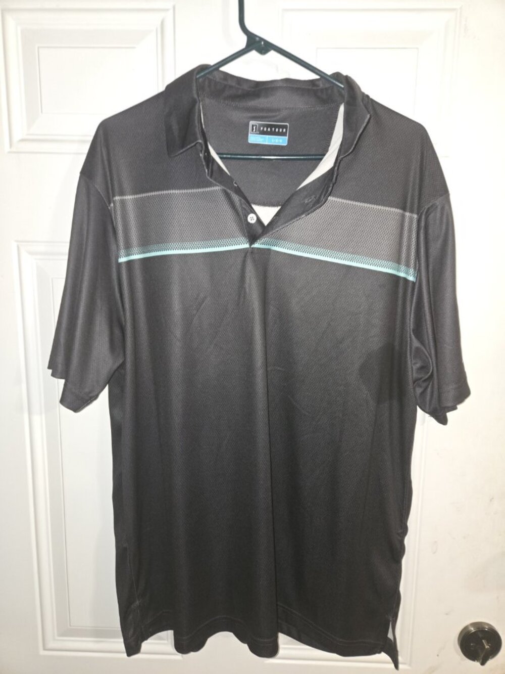PGA Tour ProSeries Black w/ Teal Striped Performance Golf Polo Shirt Men's Large